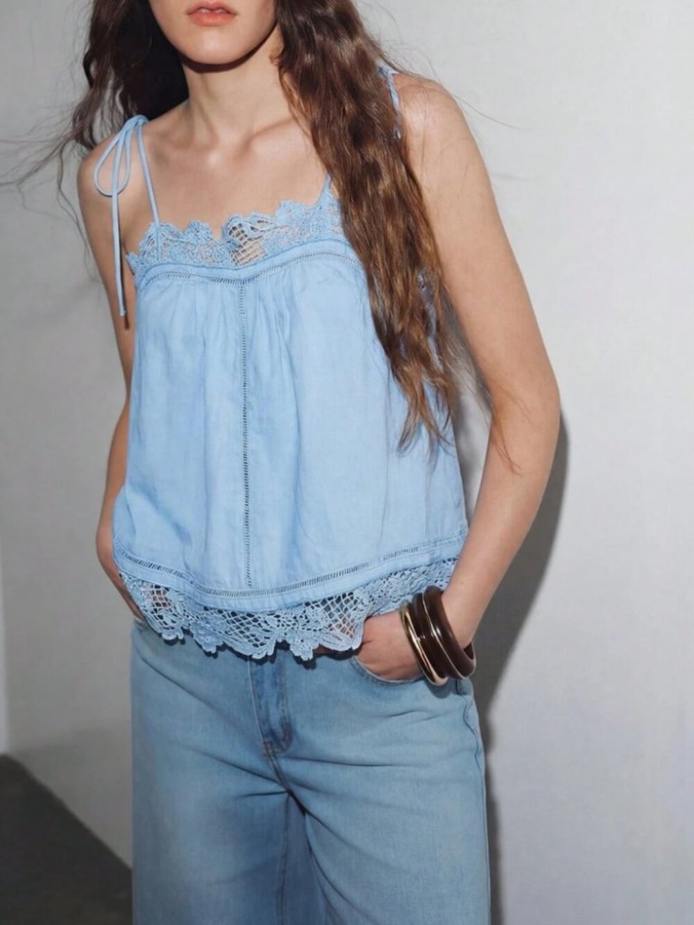 Sky Blue Lace Trim Tie Strap Poplin Cami Top